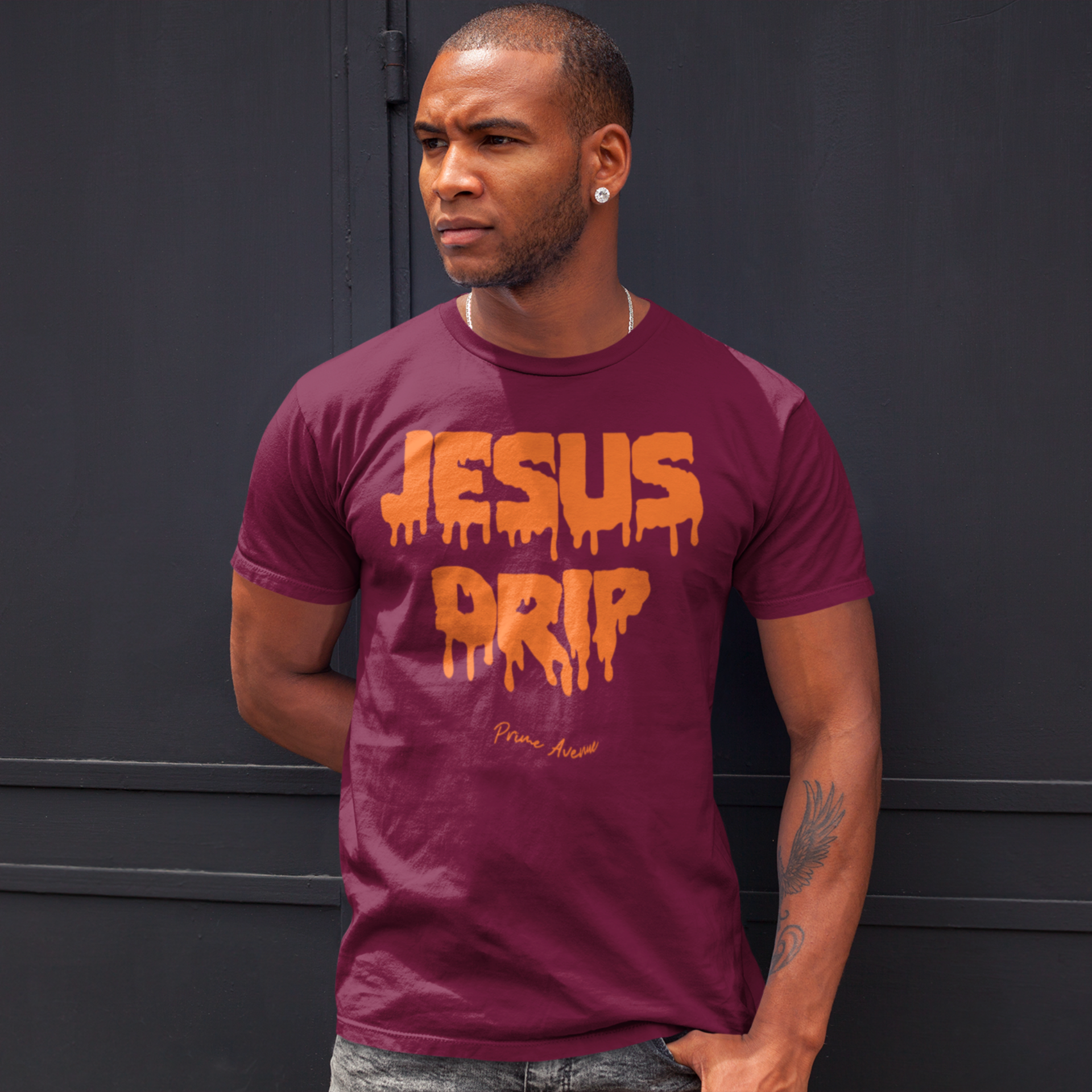 Maroon and Orange Jesus Drip T-Shirt